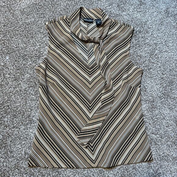 Vintage NY & Co Women Blouse Small Black Tan White Stripe sleeveless Sheer Bow - Picture 1 of 6